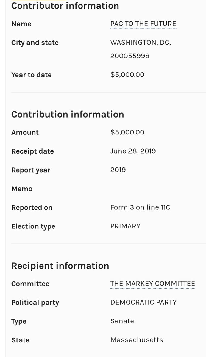 Ed Markey has received donations from Nancy Pelosi's PAC TO THE FUTURE, as well as COMMON GROUND PAC.Donors include:—Boeing—CVS Health (Aetna)—Google—Pfizer—Merck—Honeywell—Raytheon—Lockheed Martin—General Dynamics—Comcast