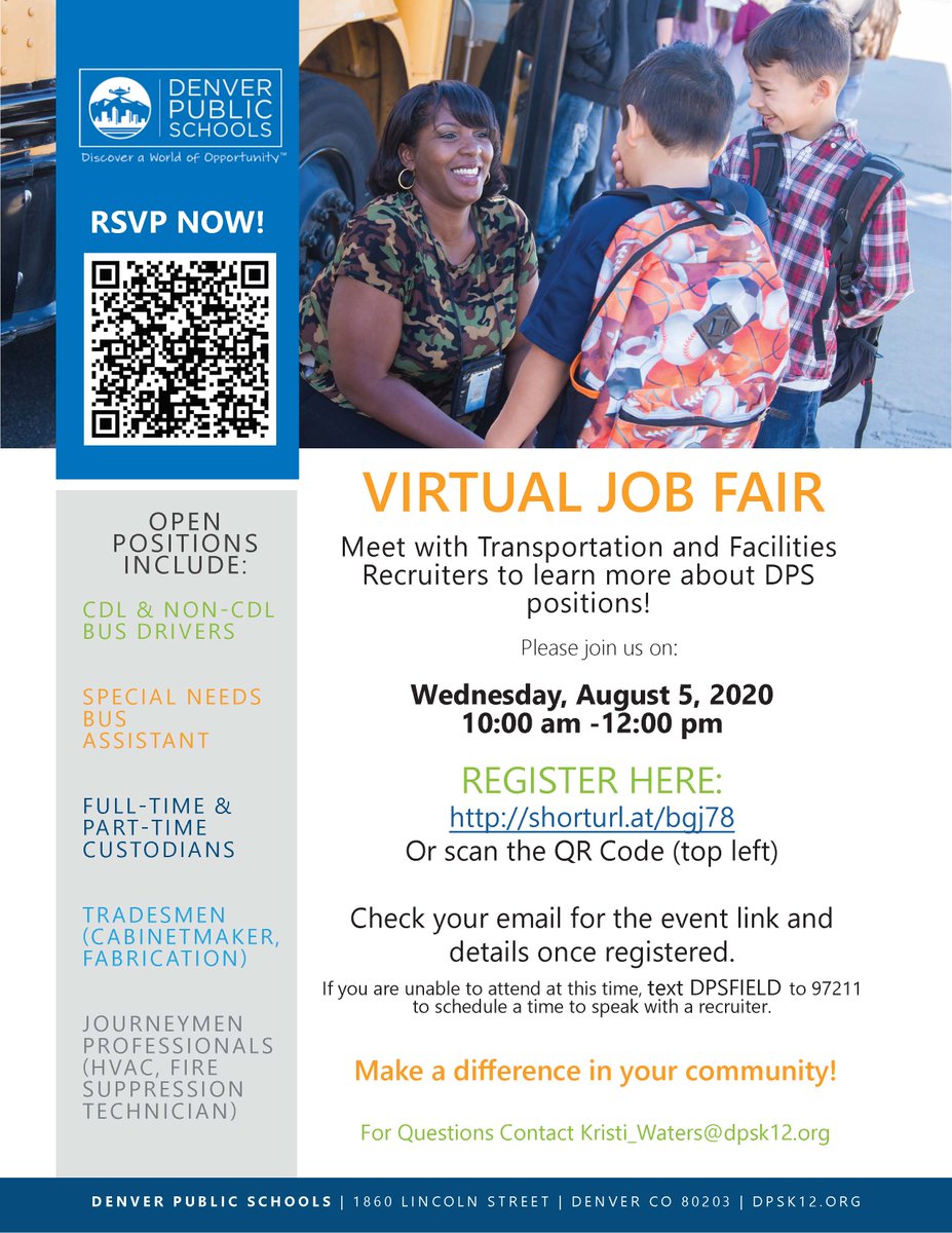 DPSschoolbus's tweet image. Looking to be part of a great team? Join Team DPS! We're hosting a virtual job fair on Wednesday, August 5th. Click the link to register:  shorturl.at/bgj78. #ReturnToSchool