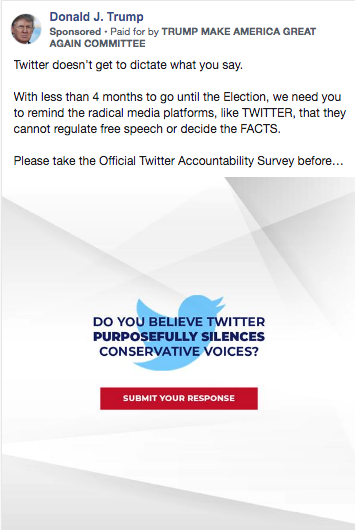 A recent Trump Facebook ad suggesting social media platforms shouldn't "decide the facts." He attacks the social media platforms while outspending Biden $32M to $24M since January on Facebook ads...#2020election #facebookads