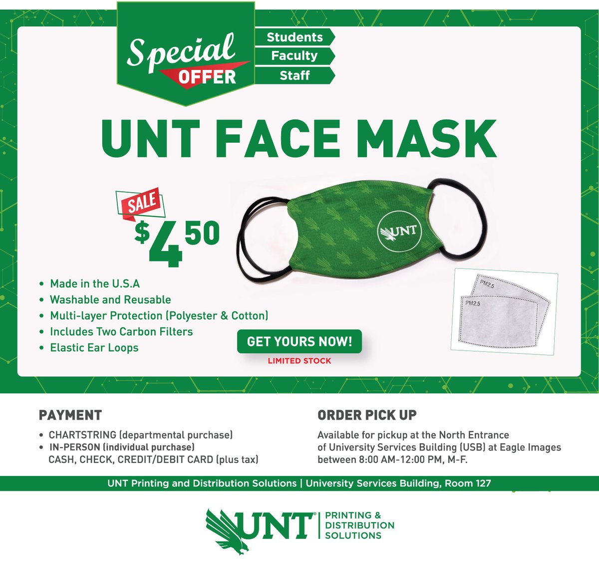 PDSPromo's tweet image. Selling fast! Limited stock available. Get yours today! 
Available for pickup M-F, from 8:00 AM -12:00 PM at USB.
printorders.unt.edu/customer_porta…
#UNTMASK, 
#UNTSafety,
#PDSPromo