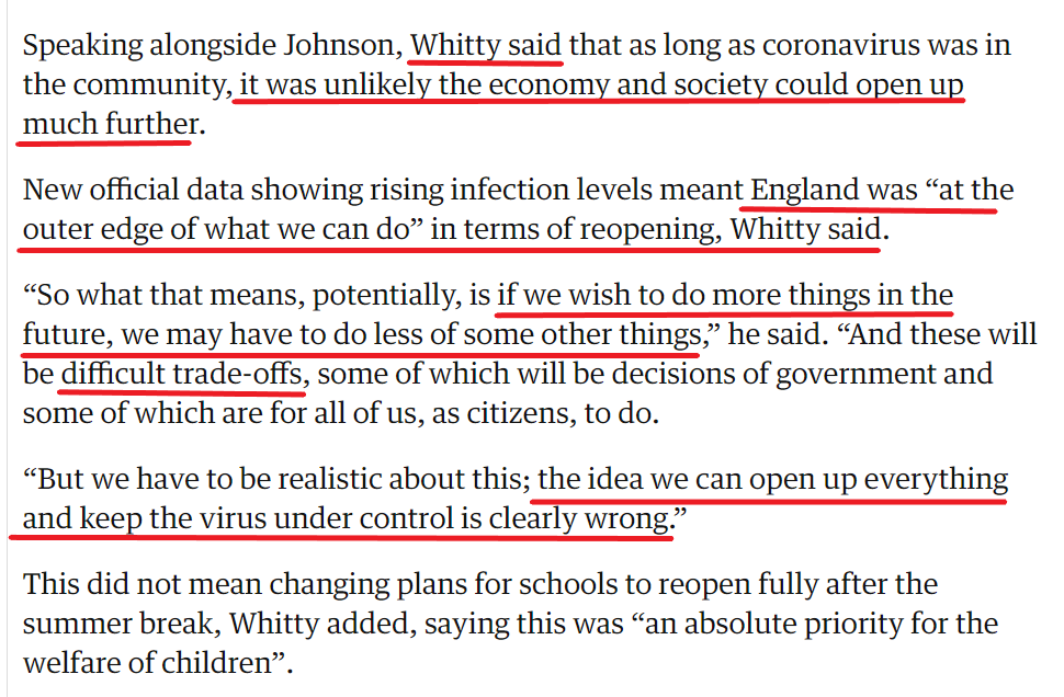 These findings are especially problematic, given these remarks of England's chief medical officer. If  @UniversitiesUK re-open to in-person teaching without 2-3 day testing, other things will need to close to keep the pandemic under control. 4/4 https://www.theguardian.com/world/2020/jul/31/coronavirus-boris-johnson-postpones-latest-round-of-lockdown-easing