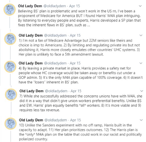 M4A zealots shoot themselves in the foot all day every day by caring more abt whose name’s on a plan than getting UHC and actually helping people. If y’all weren’t allergic to having an honest conversation, you would've backed one bad bitch of a SP system.  https://twitter.com/oldladydem/status/1250476159671980032