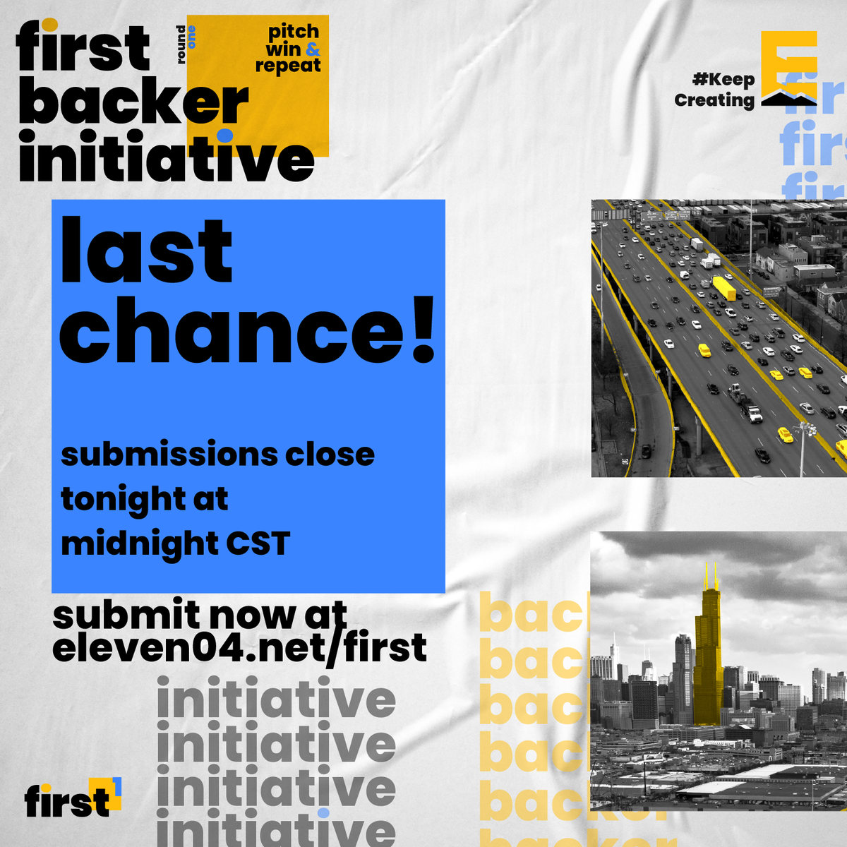 Tonight is the deadline to submit your film to the First Backer Initiative! You have until midnight to submit for the chance at Chicago's most comprehensive indie production support package. We can't wait to see what you've got for us! Submit: eleven04.net/first #Filmmaking