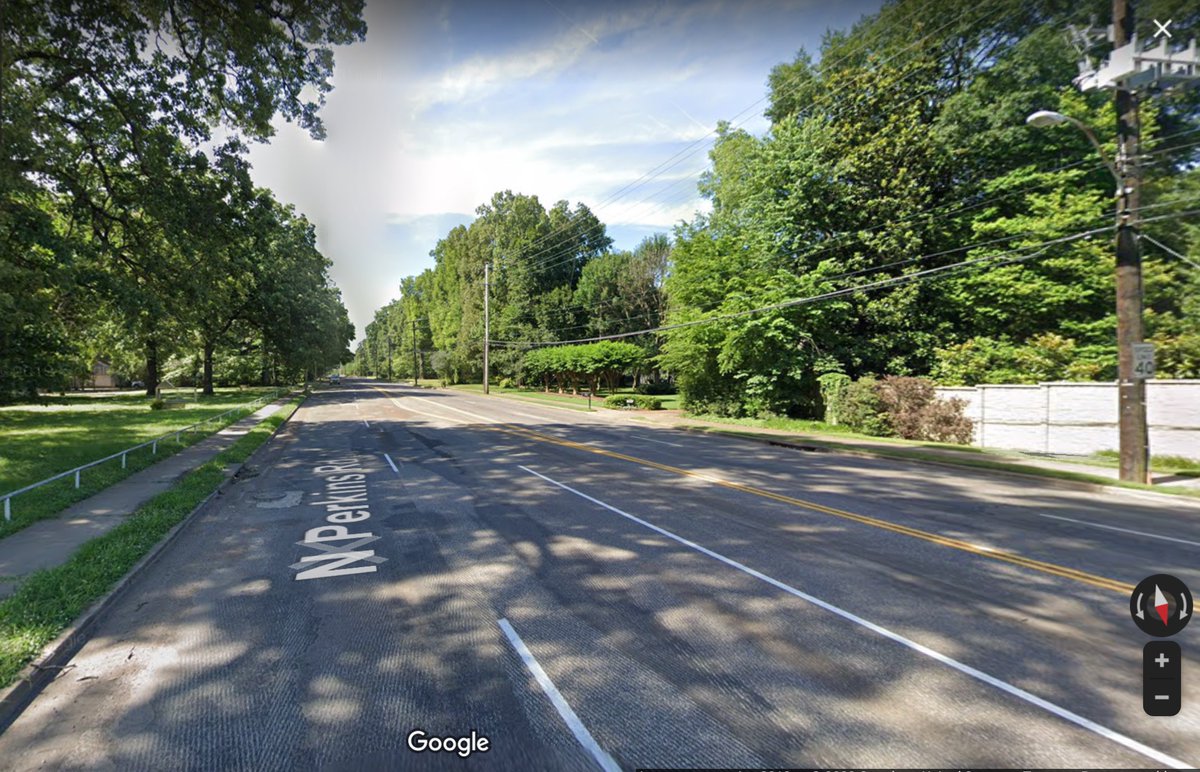 OK, two more thoughts. Thanks to Google maps, I was able to quickly figure out the posted speed limit on this stretch Perkins Road is 40mph. I would bet $1 million that speeds over 50mph are typical. Bike riders are forced to ride this kind of dangerous street in every US city.