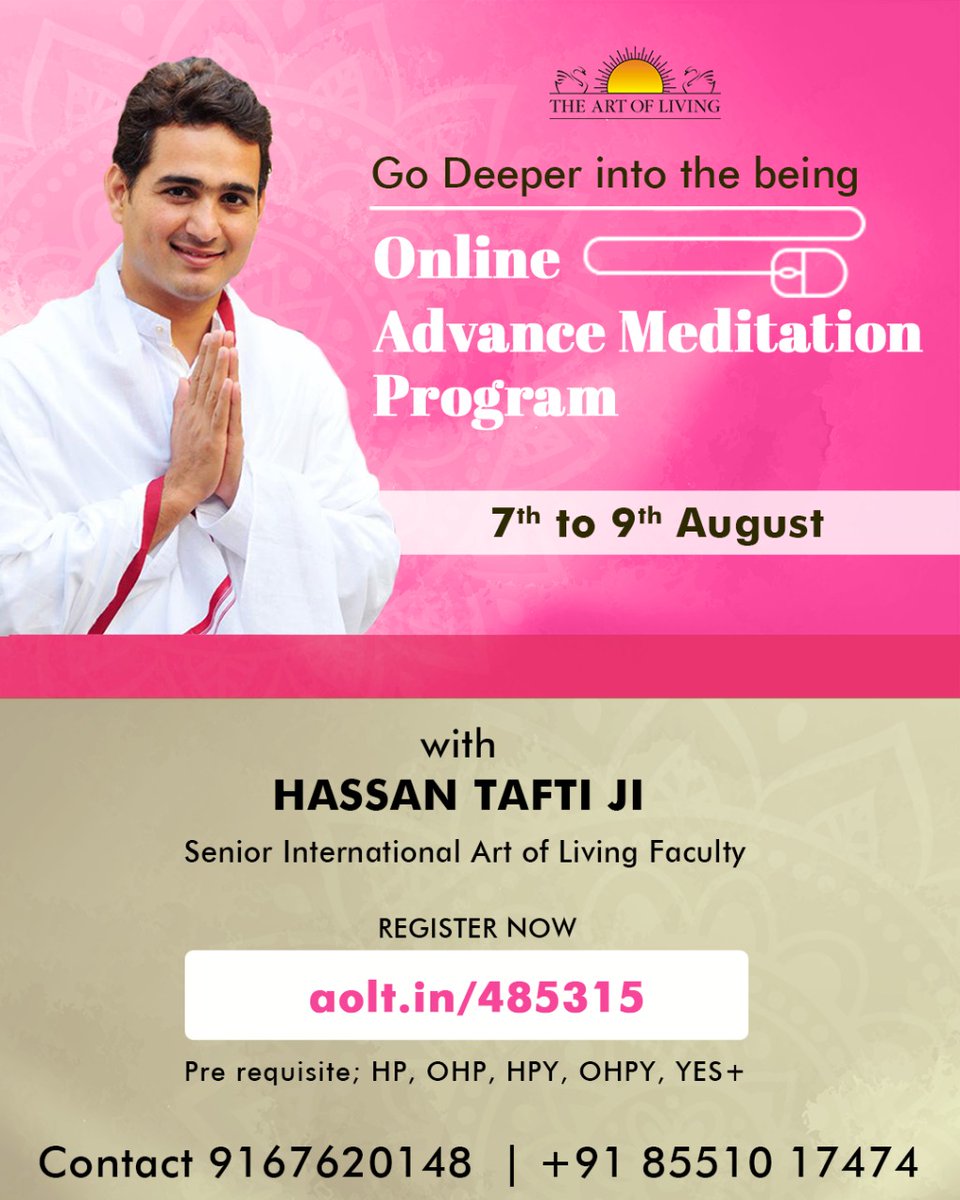 AOLMum's tweet photo. Discover Yourself & Dive deep within Silence. Block your Calendar for the Upcoming Online Advanced Meditation Programs in the month of August.
#Artofliving #silenceprogram #advance #meditation #onlineprogram https://t.co/ijEFLIqLMs
