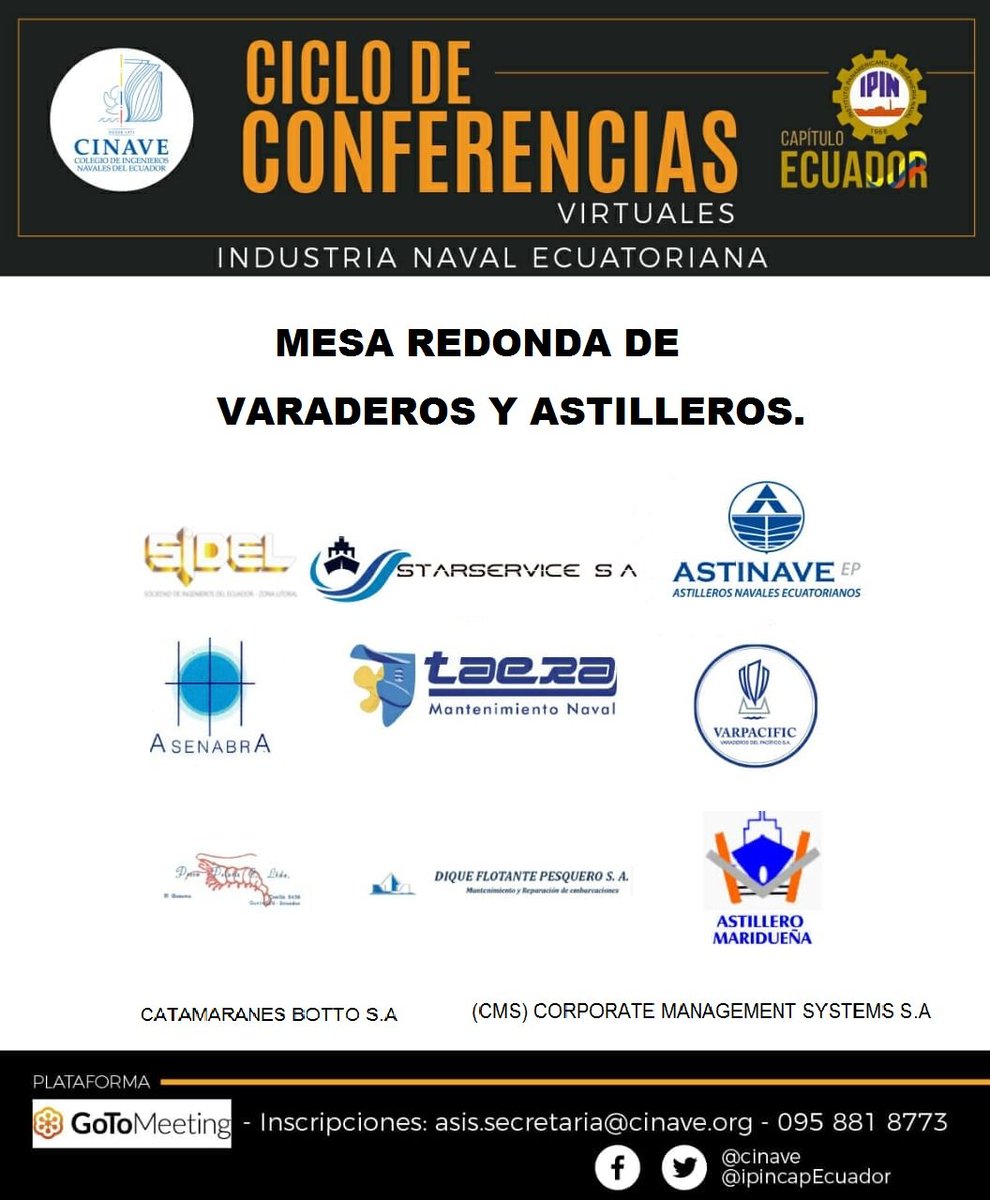 IpincapEcuador's tweet photo. Hoy> #MesaRedonda con exponentes del sector marítimo. Gerentes de #varaderos y #astilleros se darán cita para dialogar sobre los retos e innovación en la #IndustriaNaval Ecuatoriana. Para acceder ingresa al siguiente link: https://t.co/e41bCpeRk4
Clave: ASTILLERO https://t.co/2Vz6AewPnI