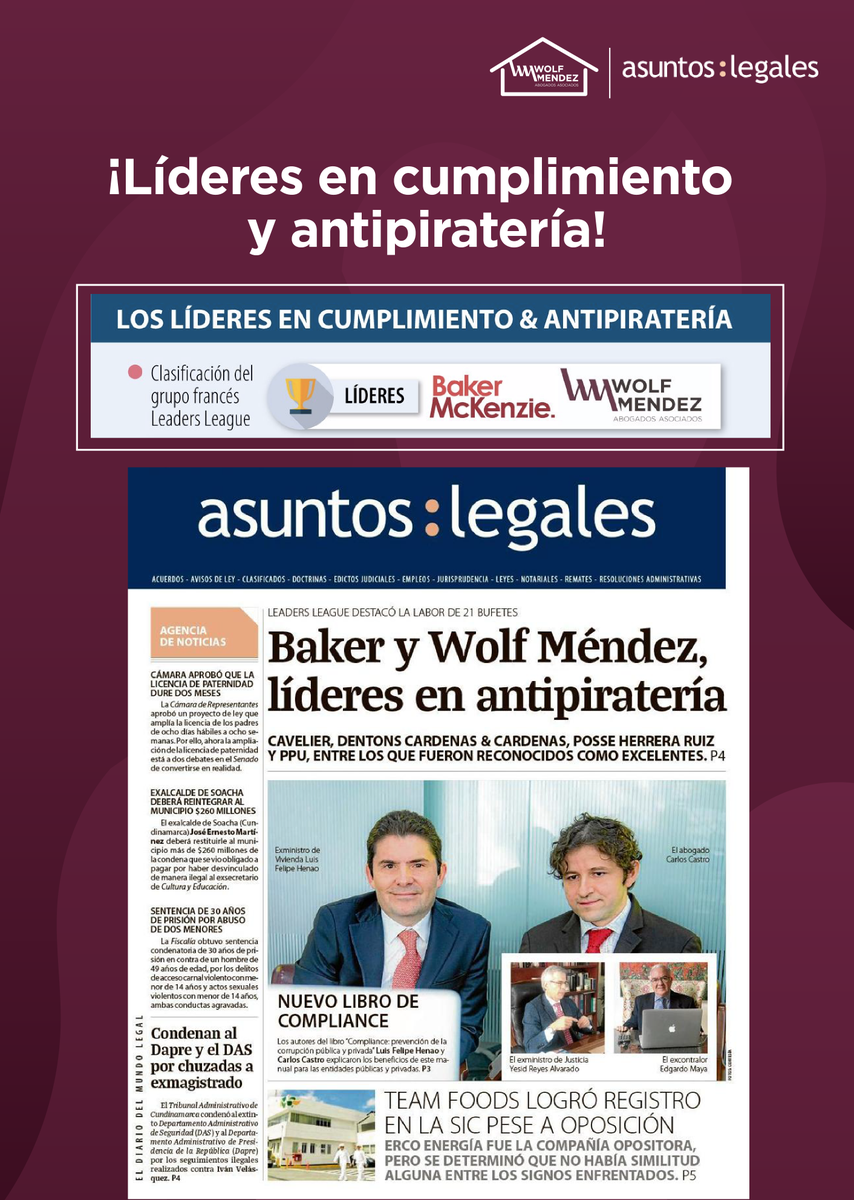 wolfmendez's tweet photo. Gracias Asuntos Legales por este artículo, donde estamos catalogados por el grupo francés Leaders League como los líderes en Cumplimiento y Antipiratería. Link: https://t.co/S1urvOAVn5

.

.

.

.

#somoswolfmendez #leadersleague #asuntoslegales #abogados #litigos https://t.co/ZX9oIEf1X9
