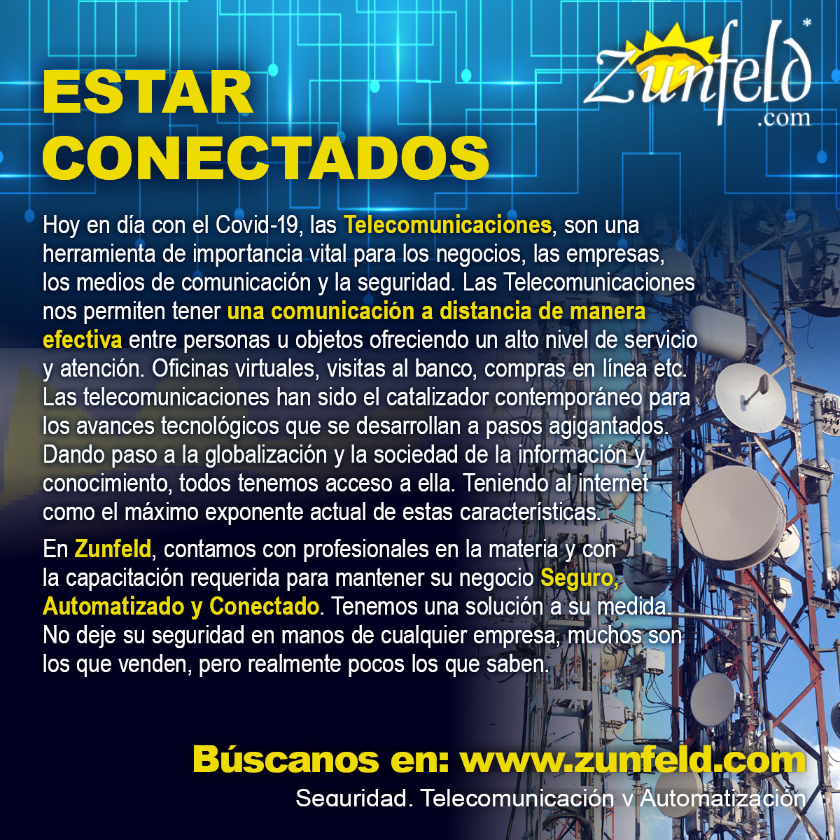 ZunfeldMX's tweet photo. Hoy en día con el Covid-19, las Telecomunicaciones, son una herramienta de importancia vital para los negocios, las empresas, los medios de comunicación y la seguridad.
https://t.co/S0zwc2ba53 https://t.co/F4d8NFBfZe