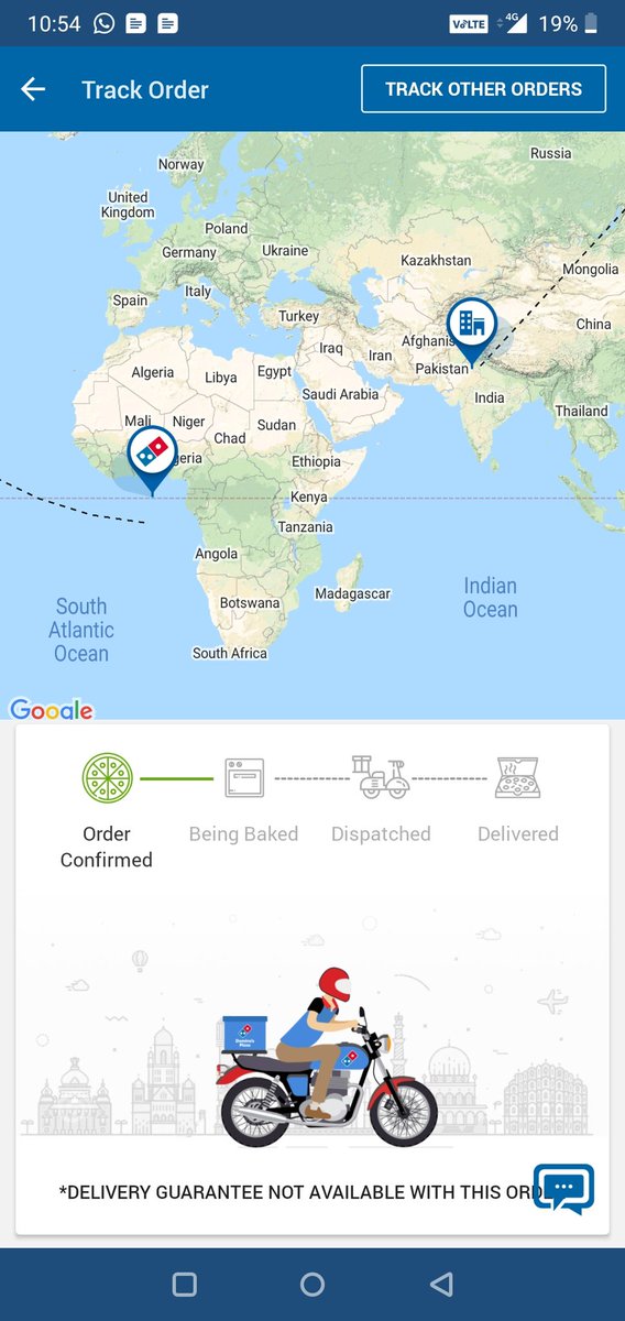 HunarBhalla's tweet photo. *Delivery guarantee not available with this order. Well, I'm sure as it's coming from AFRICA 😝. #dominospizza @dominos_india https://t.co/pePtvVXNiN