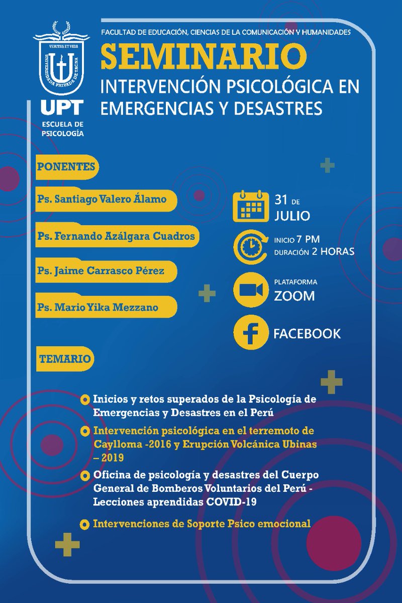 UPT_RADIO's tweet photo. #UPTRadio| La Facultad de Educación, Ciencias de la Comunicación y Humanidades organiza el Seminario "Intervención Psicológica en Emergencias y Desastres" a realizarse hoy viernes 31 de julio a las 19:00 horas a través de la plataforma virtual Zoom ➡ https://t.co/FNjdkV2plr https://t.co/4IOhdcfjFz