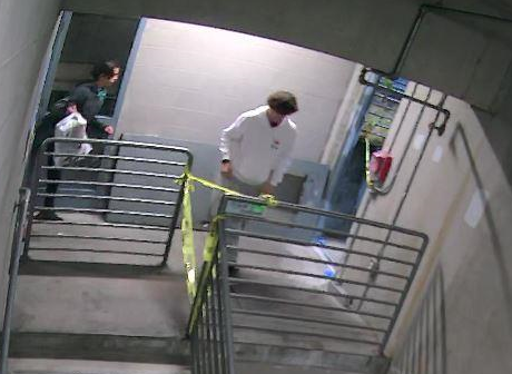 KirklandWAPD's tweet photo. Kirkland Police are looking to identify these two subjects.  They set off fireworks in the Kirkland Library Parking Garage.  Two city employees were injured when they received hearing damage from the explosion.  Please call 425-577-5656 with tips. https://t.co/SQLaw6dypT