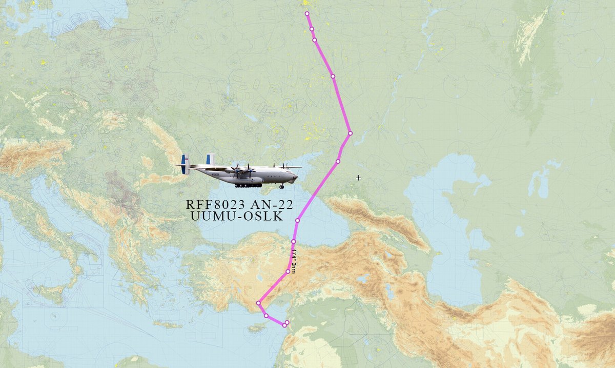 FireFlying11's tweet image. The Russian Air Force is in full swing again for the weekend. This time bringing RFF8023, AN-22 heavy freighter from Chkalovsky (UUMU) now descending towards Khmeimim Air Base (OSLK).