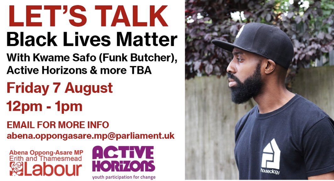 abenaopp's tweet photo. Join @FunkButcher local DJ &amp; Producer, Yeukai Taruvinga &amp; Benjamin Hamandishe from @activehorizons, a youth group in Bexley, in a discussion about #BlackLivesMatter Sign up here: https://t.co/Cr8r2dsUmt
 #GetReadyForSeptember https://t.co/YOvmIN9FLC