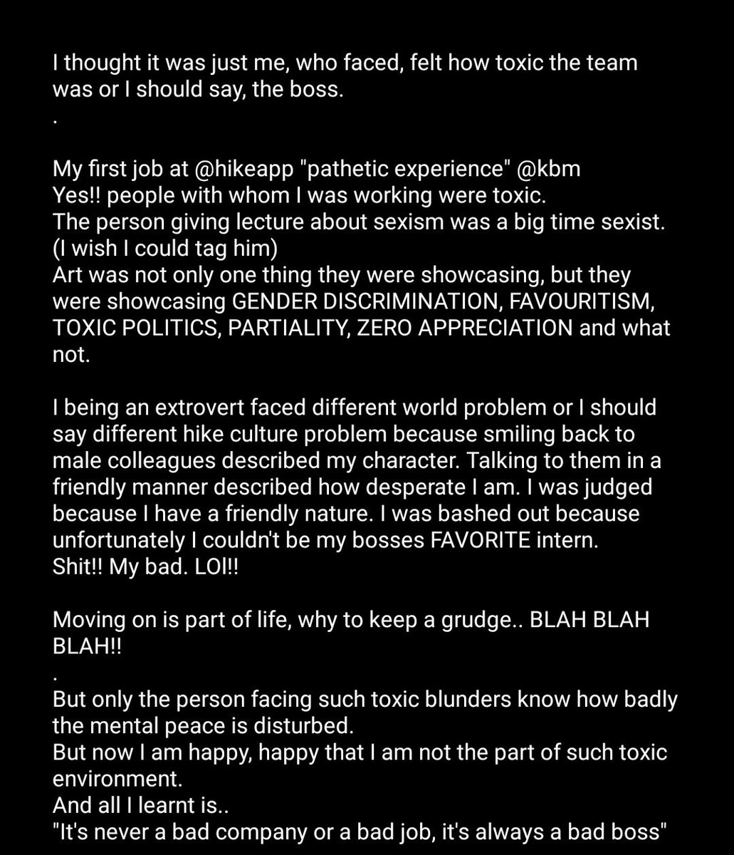 SHRISHTIPRABHAK's tweet photo. Thank you @SimranKaushikk for writing this blog and giving me courage to pull down the baggage I was carrying. 
https://t.co/vKFpAlqxsu

#toxicboss #speakuphike #hike
@hikeapp
@kavinbm 
#misogyny #standwithright #art https://t.co/xLfpqhuaEj