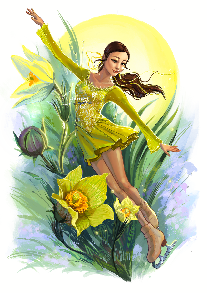 Kim Yuna is as tender as a snowdrop in spring, she has triumphed over winter and ice! Her arms and figure are as fragile and beautiful as if she were a figurine. I admire her skating!
____________________
P.S. I decided to portray Queen Yuna as a Yakut Snowdrop - a symbol of perseverance and first love 💛 An anciently revered flower, a sign of the awakening of nature, a symbol of victory over death and the personification of hope after a cold and long winter.