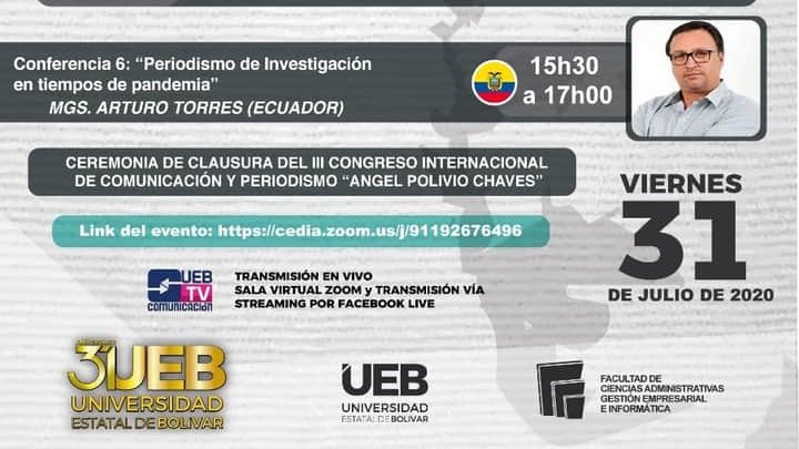 JoshHurtad14's tweet photo. No te olvides hoy a las 15h30 #envivo desde Facebook Live el #lllCongresodePeriodismo
"Ángel Polibio Chaves" 
Con el tema "Periodismo de investigación en tiempos de pandemia" desde Ecuador 🇪🇨 MGS. Arturo Torres
#PeriodismoUEB2020 https://t.co/wrCAerPxCr
