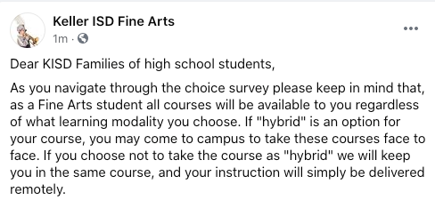 Dear KISD Families of high school students, please see the attached image for information about choosing your fine arts course learning model for this year.