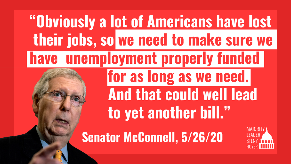 HoyerPress's tweet photo. Over 30 million American workers are set to lose a critical lifeline today because of Senator McConnell and the Senate GOP’s refusal to act. Did Senator McConnell forget what he told the American people in May? https://t.co/rXjikn3Qk7 https://t.co/FjZL9CGC2W