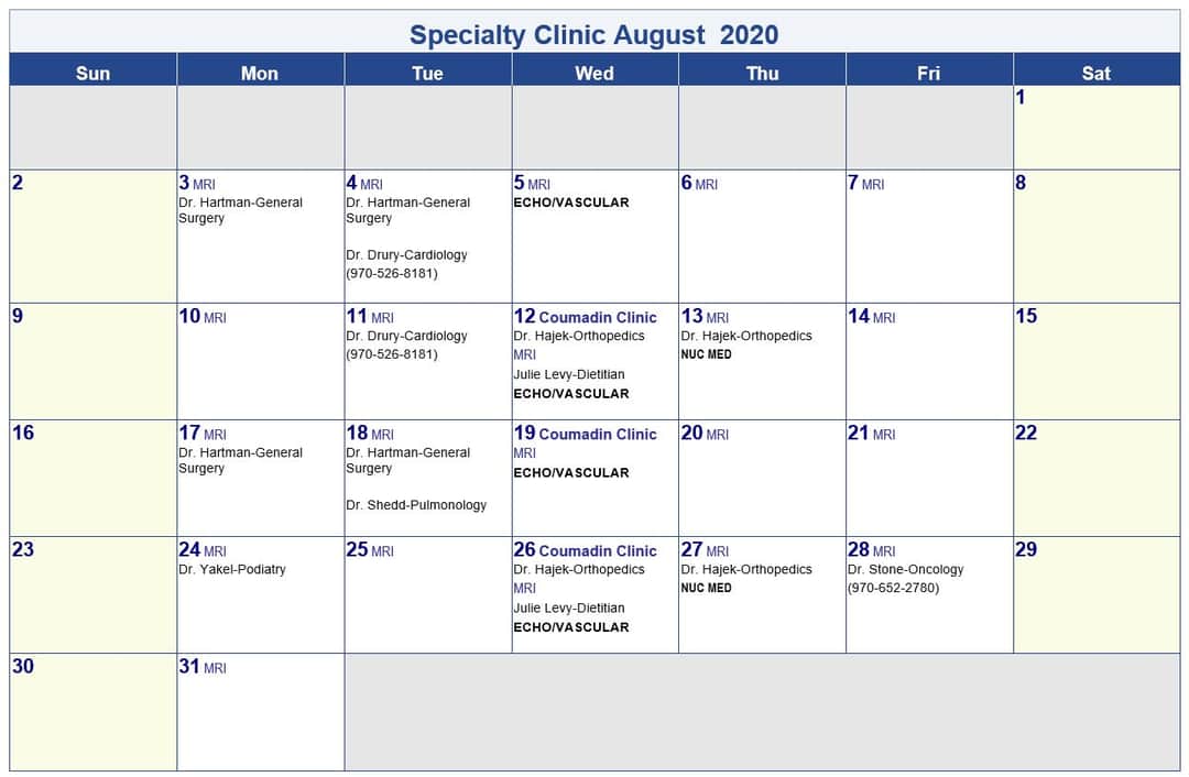 MelissaMemorial's tweet photo. Please check out the August Specialty Clinic calendar &amp; contact the Specialty Clinic 970-854-2241 with any questions. https://t.co/eov1BHpGN2