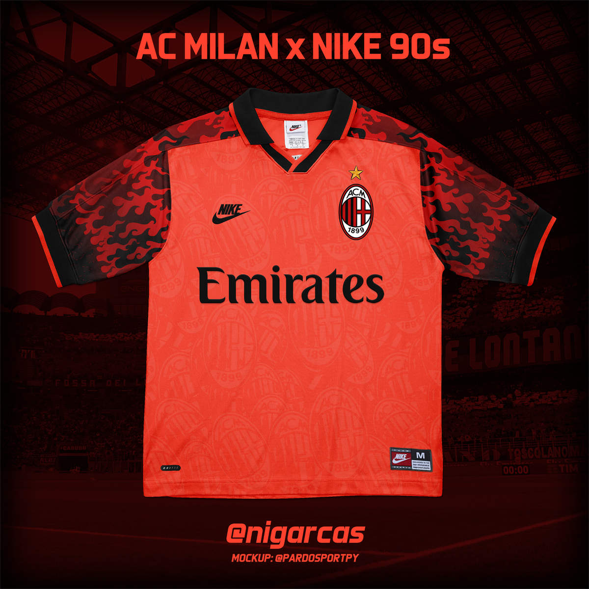 nigarcas's tweet photo. @FutbolCoLab @LaboratorioCol Esta es mi participación para el #RetoFantasyFCL .
Diseño de las mangas por el apodo del club "Il Diavolo". Trama en el cuerpo con varios escudos. https://t.co/8GFeDW8PVI
