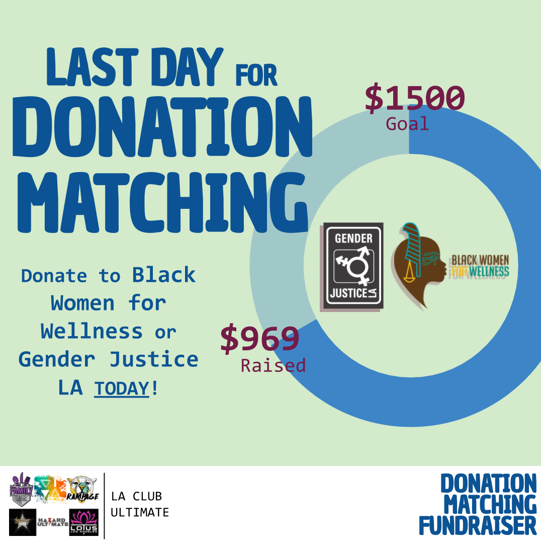 Viva &amp; <a href="/playfamilystyle/">Family Style</a>'s time is almost up. Thanks for your part in our leg of the LA Club Team fundraiser! There's 1 day left to double your donation to <a href="/BW4WLA/">Black Women For Wellness</a> or <a href="/GJLAScoop/">Gender Justice LA</a>. Send your receipt to club-ultimate@LAOUT.org and we'll match! #BlackLivesMatter #LAClubUltimate