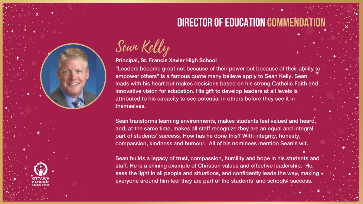 OttCatholicSB's tweet photo. "@seankellyottawa leads with his heart but makes decisions based on his strong Catholic Faith and innovative vision for education." Congratulations, Sean @StFXOCSB on your Director of Education Commendation Award! 🎉👏 https://t.co/s83p8YIMW8 #BeOCSB https://t.co/cHI56NqxVf