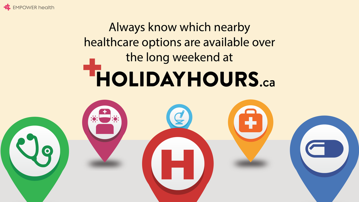 Excited for the long weekend? We are!⛱️

We've been preparing by collecting holiday hours for thousands of pharmacies &amp; walk-in clinics across Canada.

If you need to visit a clinic or pharmacy on Monday, check holidayhours.ca

#CDNhealth #ONhealth #CivicHoliday #StaySafe