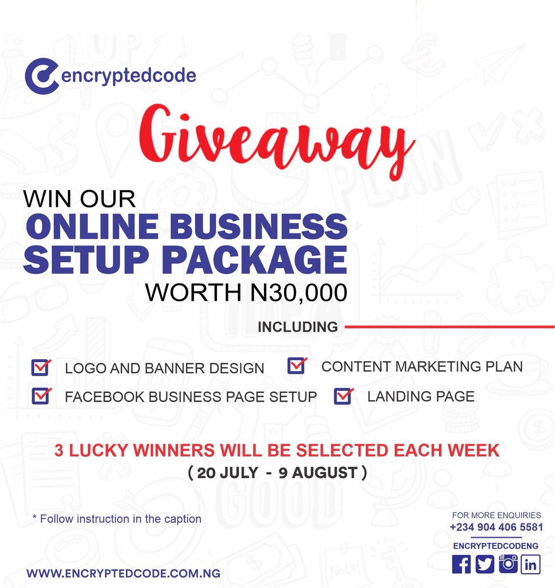 encryptedcodeng's tweet photo. We are still giving away our "ONLINE BUSINESS SETUP PACKAGE" for free.
Three people win this week.
The rules for this week are different.
Go to our Facebook page to participate.
#EncryptedCodeng #OBSP https://t.co/9cx7fXMl4f