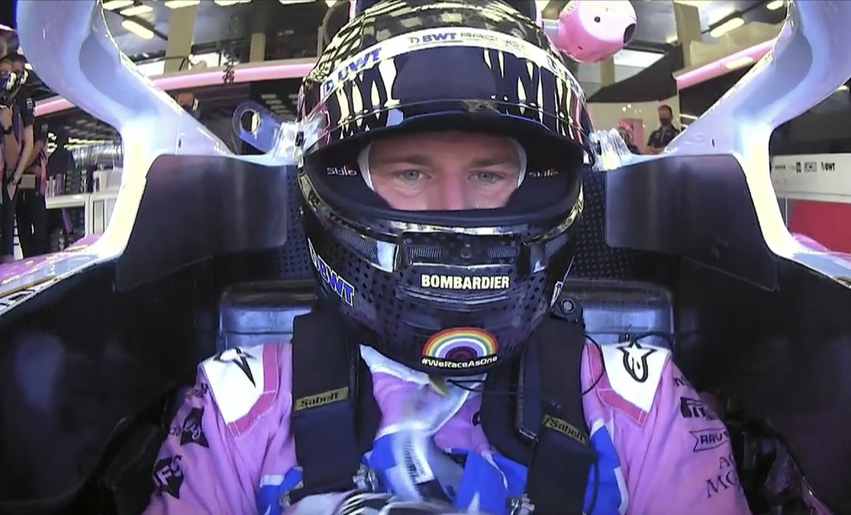 chacho_lml's tweet photo. Algunas de las inconveniencias superadas. Hulkenberg usando un traje de Stroll, más corto. Botas de Renault, el asiento lastimaba, el casco igual, y quedó un poco más alto de lo normal para salir a pista. https://t.co/o9spzxBzfF