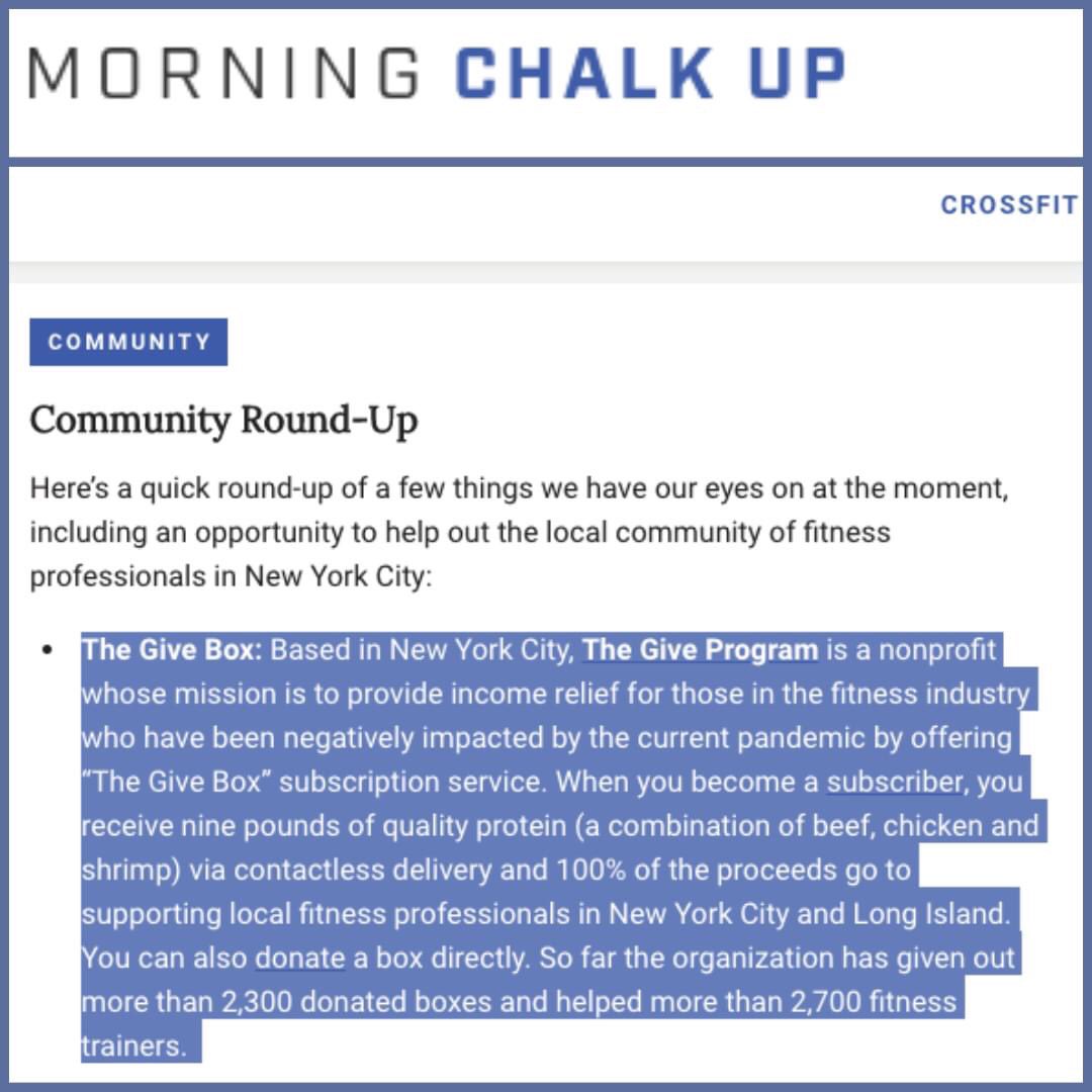 give_program's tweet photo. Hot off the press! @give_program in this week's #Crossfit @MorningChalkUp  #CommunityRoundUp! 🙏 for mention. Glad to help our fitness community in their time of need. Every box purchased makes a difference w net proceeds donated right back! Learn more https://t.co/2FUqREXIrZ https://t.co/uNH4o4RiCO