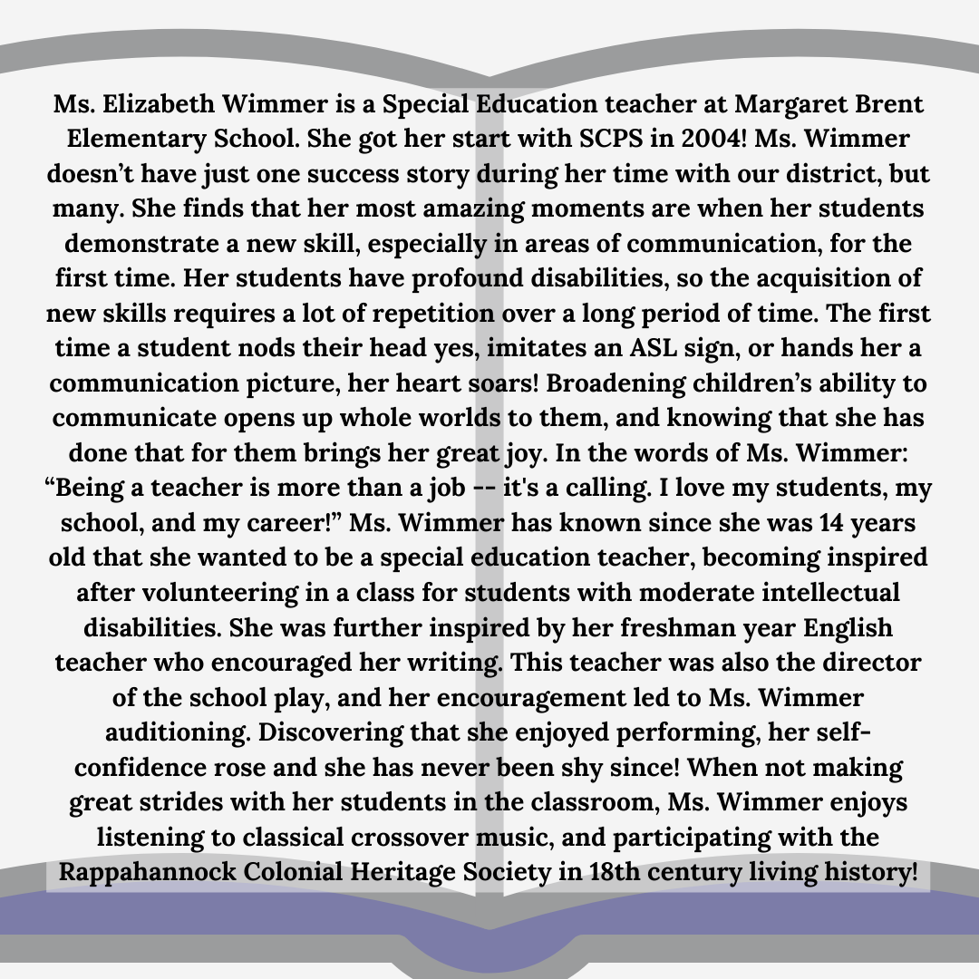 SCPS_HR's tweet photo. Is it time for #FeatureFriday
again? You bet it is! We are featuring Ms. Elizabeth Wimmer today. Scroll through to learn more about what brought her to teaching!
#SCPSStayEngaged
#SCPSStrong
#SCPSHR
#MakeStaffordPartOfYourStory
#SCPSTeacherFeature #virginiateacher #teachers https://t.co/pqx3Yfr5Tc