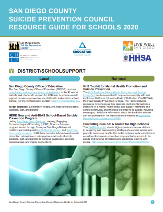 The <a href="/sd_chip/">SD CHIP</a> San Diego Suicide Prevention Council Resource Guide for Schools 2020 is now available at
ow.ly/N1cr50AMOIO
<a href="/livewell_sd/">Live Well San Diego</a> <a href="/SDCountyHHSA/">SD HHSA</a> #mentalhealthmatters <a href="/SDSchCounselors/">San Diego School Counselors</a>