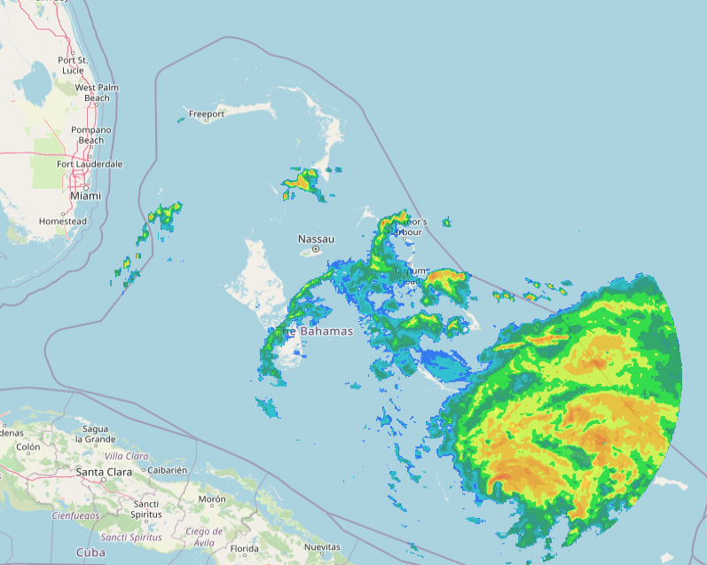 NHC_Atlantic's tweet photo. 2 PM EDT 7/31: Isaias getting better organized as tropical storm conditions and heavy rains spread into the Central Bahamas. Radar imagery from Bahamas. More info: https://t.co/tW4KeGdBFb #hurricaneIsaias https://t.co/1lYIrxUzzm