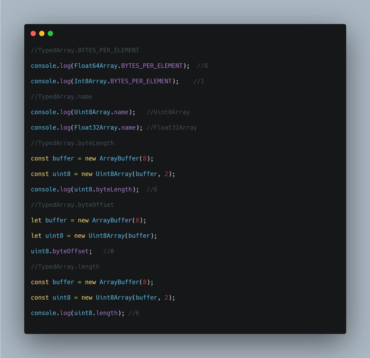 frontend_fox's tweet image. Day 91 of the #100DaysOfCode challenge.
Here are some useful properties of TypedArray.
#javascript #reactjs #FrontEnd #womenintech #WomenWhoCode