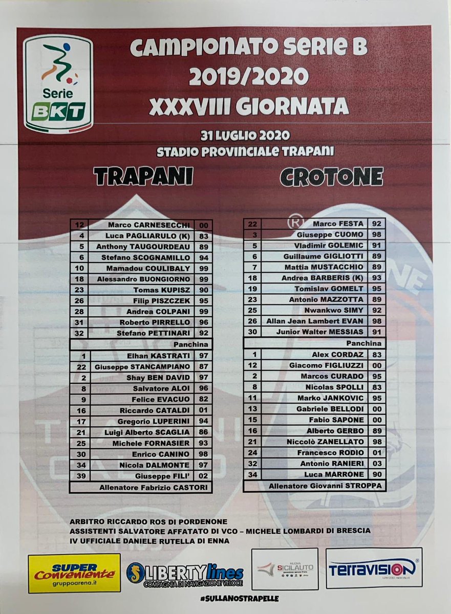 TrapaniCalcio's tweet photo. 📝 Le formazioni ufficiali di #Trapani 🆚 #Crotone 👇🏻

#TRACRO https://t.co/yQuGkcTmeu