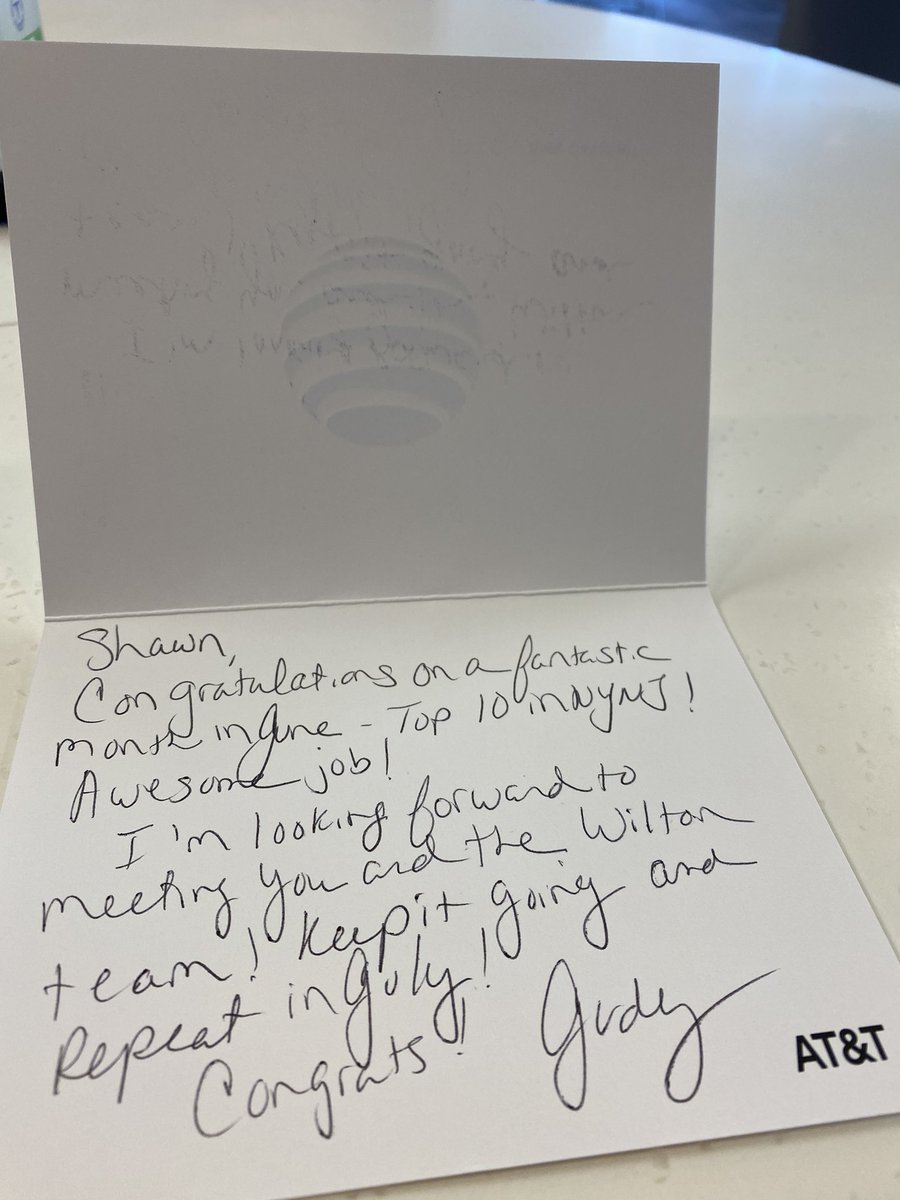 Shawn_Clemens's tweet photo. Thank you @judy_cavalieri for the handwritten note, I appreciate the recognition and will continue to work hard for the Wilton team. Looking forward to meeting you as well. #NYNJ #LifeAtATT @marcellobenny @klane0917 @KentWinner https://t.co/KJnumrY4wv