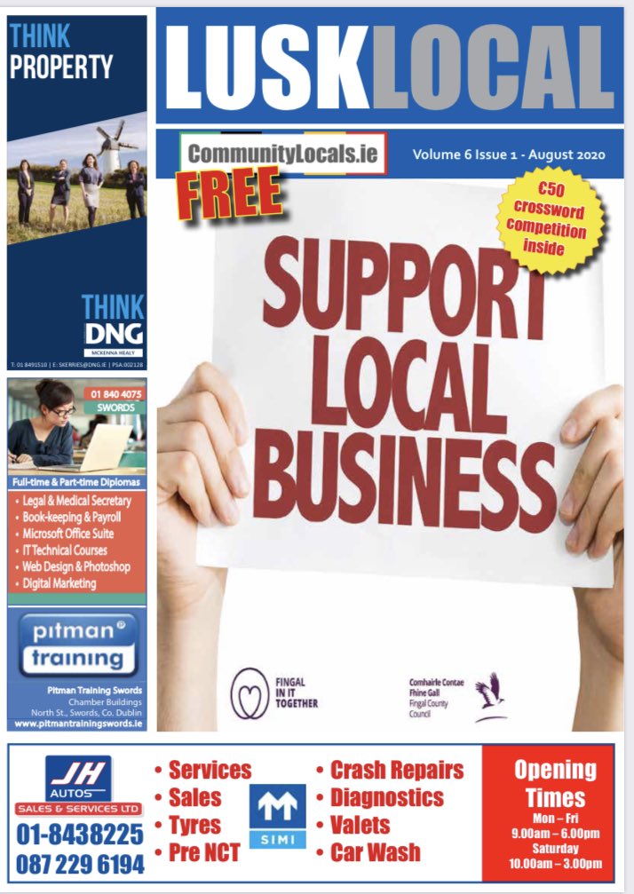 LuskLocal's tweet photo. The latest edition of your local community magazine, LUSK LOCAL August ‘20 is now available to pick up at Supervalu Station Road,  Wilson’s Costcutter Main St. and Tesco Extra Rush.

It is also available online through our website https://t.co/PNA8g8OE2j 
Enjoy. https://t.co/8dPsNKEjU2