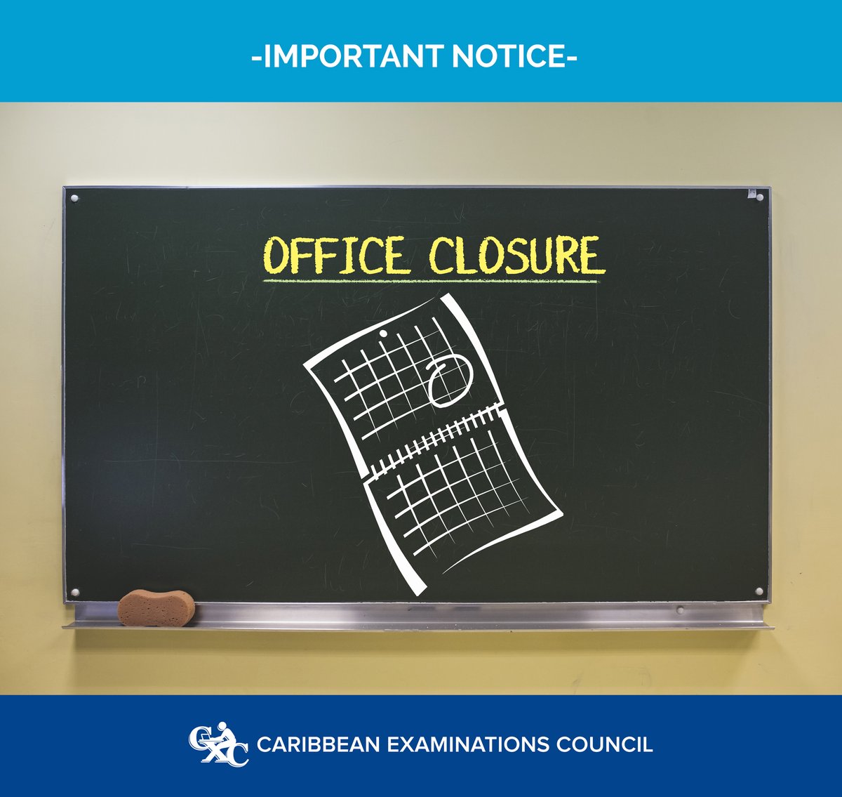The Caribbean Examinations Council (CXC®) wishes to advise the public that its office in Barbados will be closed on Monday 3 August 2020 in recognition of the Kadooment Day national holiday.  The office will re-open on Tuesday 4 August 2020. #Holiday #ClosureNotice