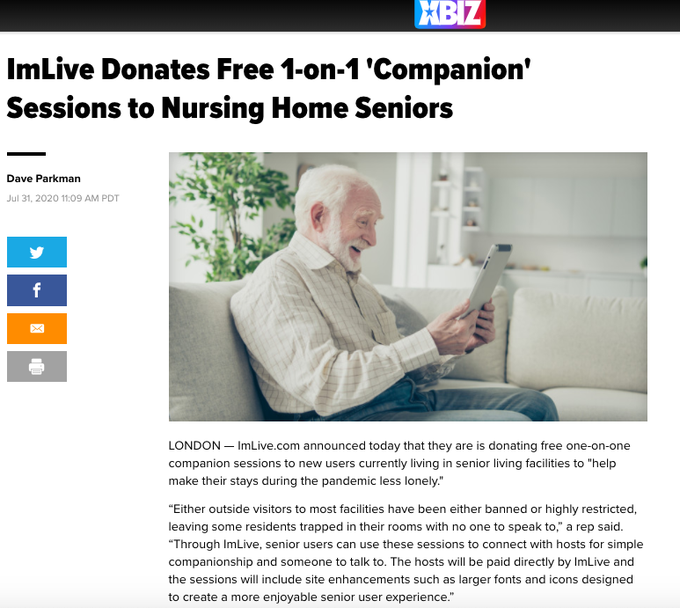 ImLive Donates Free 1-on-1 'Companion' Sessions to Nursing Home Seniors. @XBIZ .  https://t.co/lrQ4kMRk2m<a href="/tag/furry"class="tags"><span>#furry</span></a>