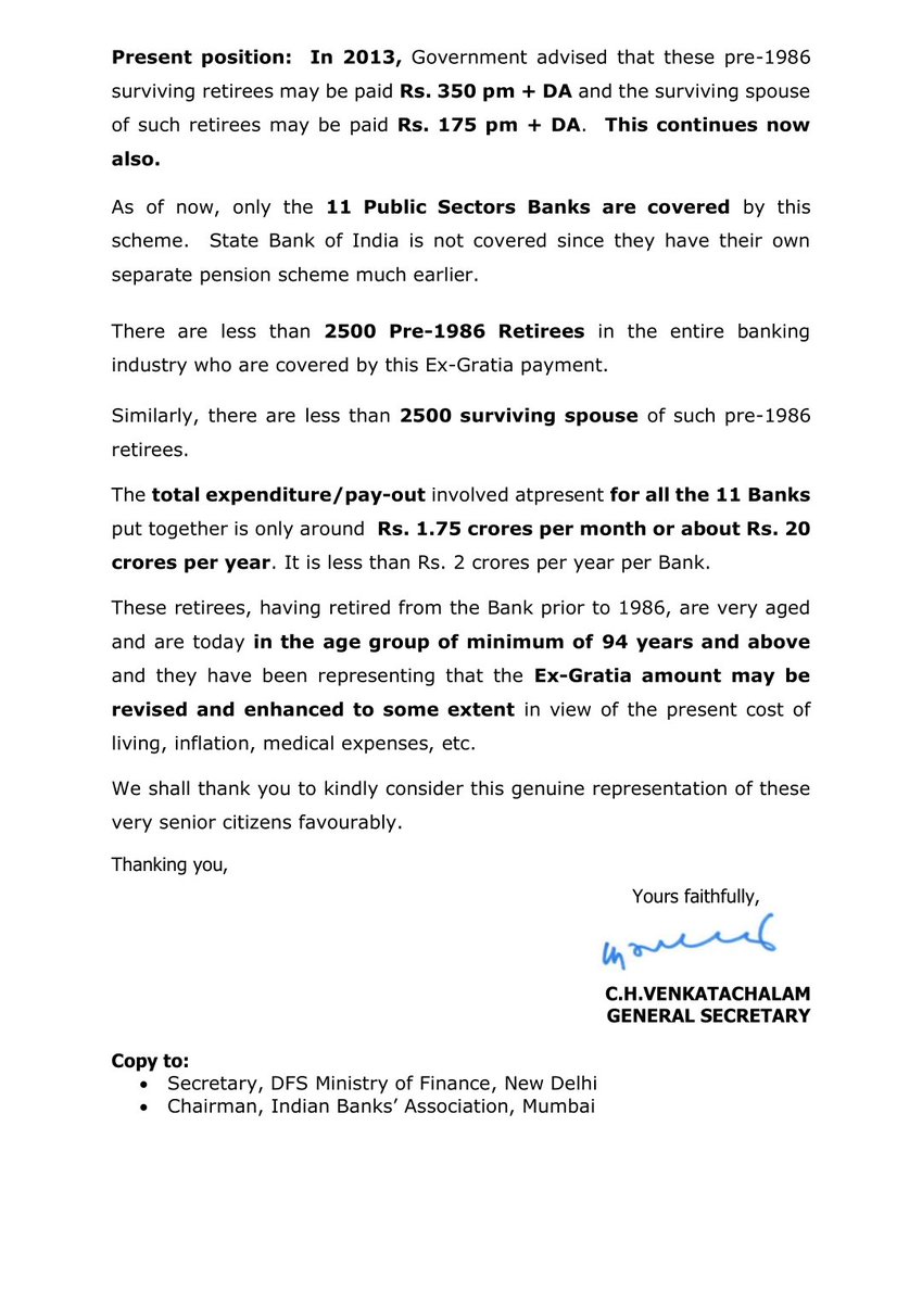 ChVenkatachalam's tweet photo. @nsitharaman Revision in Ex-Gratia payable to Pre-1986 Bank Retirees. Kindly Consider this Genuine Representation of these very senior citizens favourably. @DFS_India @ChairmanIba https://t.co/Y49tiPo9PU