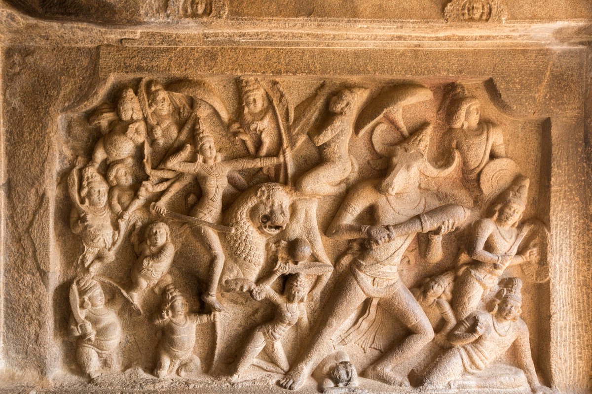 Thread: This is the 7th c. AD depiction of the moment when the Deva (goddess) Durga riding on a lion slays Asura (demon) Mahisha whose name means buffalo...  https://smarthistory.org/durga-mahisha-mamallapuram/