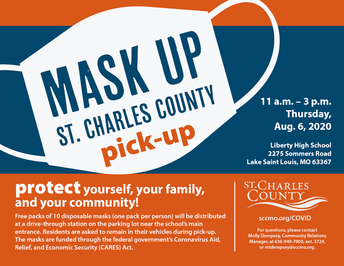 sccmo's tweet photo. #StCharlesCounty’s free mask distribution program to help stop the spread of the COVID-19 virus continues with a "Mask Up Pick-Up" distribution event for county residents Thursday, Aug. 6, at Liberty High School in Lake Saint Louis. Details: https://t.co/vZik1nN86o https://t.co/5VFg5dyXon