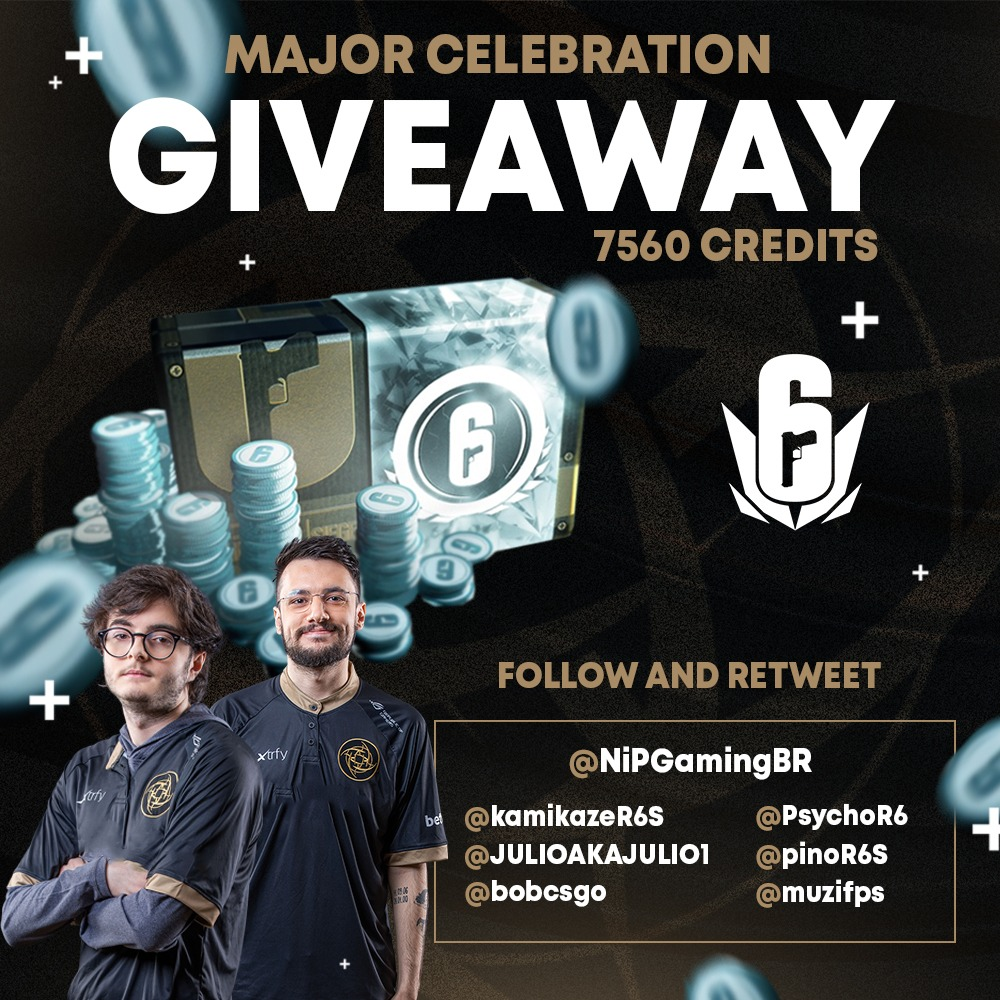 NIPBR's tweet photo. ✨GIVEAWAY DO MAJOR✨

Para comemorar a classificação pro Major decidimos fazer esse mega sorteio (SÓ pra BR)!

São 7560 créditos no #R6, é só retweetar e seguir:
@NiPGamingBR
@PsychoR6
@kamikazeR6S
@JULIOAKAJULIO1
@pinoR6S
@muzifps
@bobcsgo

Resultado em 2 semanas!

#VAMOSNINJAS https://t.co/TspGiVp4Tn