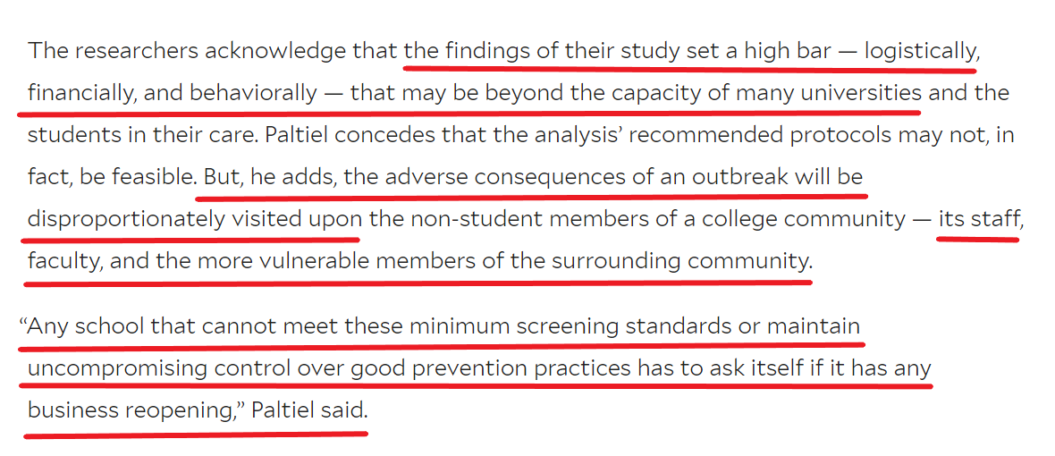 Further comment by  @ADPaltiel: Acknowledges challenge & expense of testing every 3 days but says that, given risks to faculty & staff, any university unwilling to test so frequently "has to ask itself if it has any business reopening". 1/ https://news.yale.edu/2020/07/31/students-need-be-tested-every-2-3-days-colleges-safely-reopen