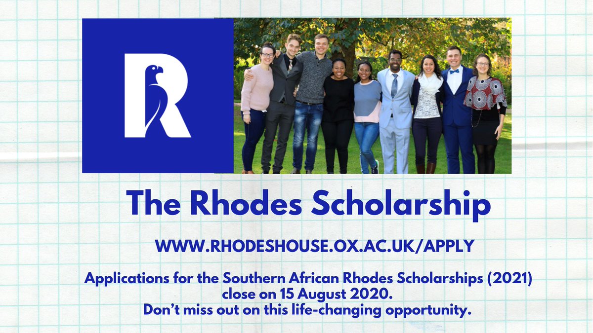 @RhodesTrust_SA (@rhodestrust) on Twitter photo Have you submitted your application for the SA #RhodesScholarships2021 <a href="/UniofOxford/">University of Oxford</a>? Don't miss out! Applications close on 15 August 2020. <a href="/rhodes_trust/">Rhodes Trust</a> <a href="/MRF_Africa/">The Mandela Rhodes Foundation</a> <a href="/UCTpostgrads/">UCT Postgrad Studies</a> <a href="/WitsUniversity/">Wits University</a> <a href="/go2uj/">University of Johannesburg</a> <a href="/StellenboschUni/">Stellenbosch University</a> <a href="/UPTuks/">University of Pretoria</a> <a href="/UKZN/">University of KZN</a> <a href="/Rhodes_Uni/">Rhodes University</a> <a href="/UWConline/">UWC</a> <a href="/UFSweb/">UFS</a> <a href="/AfricaMatters15/">Africa Matters Initiative 🔥🌍</a> Have you submitted your application for the SA #RhodesScholarships2021 <a href="/UniofOxford/">University of Oxford</a>? Don't miss out! Applications close on 15 August 2020. <a href="/rhodes_trust/">Rhodes Trust</a> <a href="/MRF_Africa/">The Mandela Rhodes Foundation</a> <a href="/UCTpostgrads/">UCT Postgrad Studies</a> <a href="/WitsUniversity/">Wits University</a> <a href="/go2uj/">University of Johannesburg</a> <a href="/StellenboschUni/">Stellenbosch University</a> <a href="/UPTuks/">University of Pretoria</a> <a href="/UKZN/">University of KZN</a> <a href="/Rhodes_Uni/">Rhodes University</a> <a href="/UWConline/">UWC</a> <a href="/UFSweb/">UFS</a> <a href="/AfricaMatters15/">Africa Matters Initiative 🔥🌍</a>