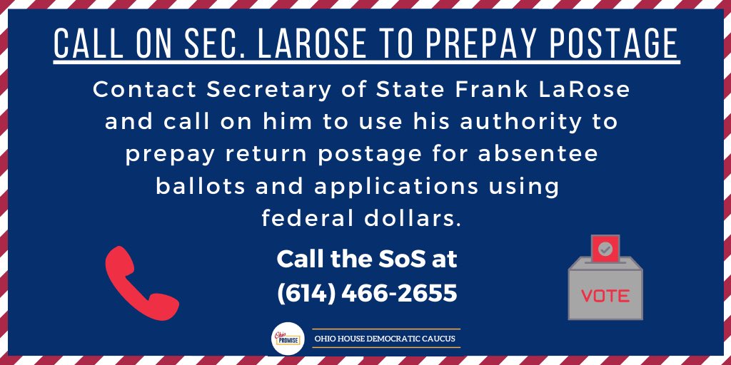 RepBrideSweeney's tweet photo. With the Ohio House on recess and 95 days until Election Day, SoS @FrankLaRose is our only hope to prepare for a safe and accessible Nov election. He has the power to prepay postage with federal funds, and he should take this commonsense step to make voting easier. #LetOhioVote https://t.co/kQMevaCR8v