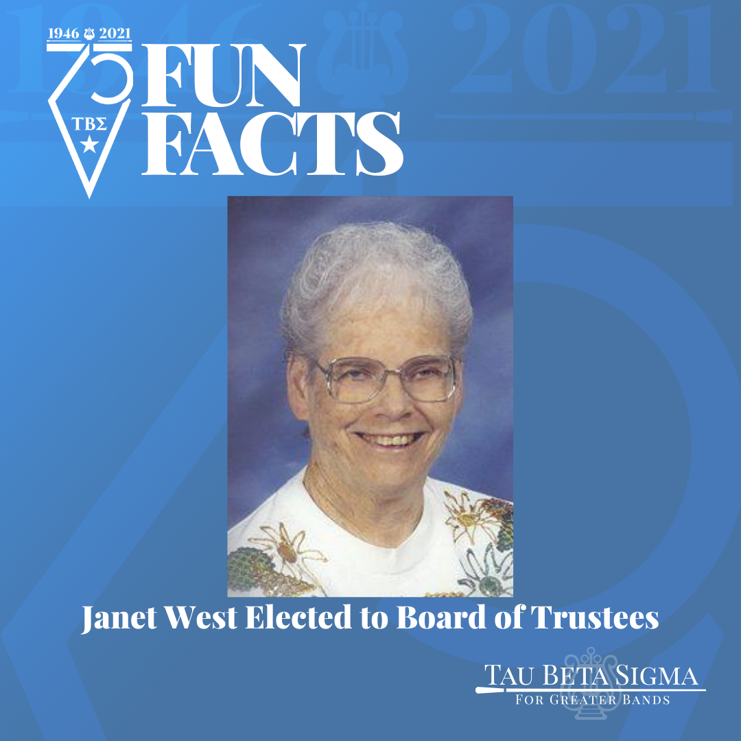 TauBetaSigma's tweet photo. As we near our 75th Anniversary, we will be sharing some fun facts about our wonderful organization.  

In 1957, Miss Janet West was the first Past National President to be elected to the Board of Trustees.

#75FunFacts #TBSFunFactFriday https://t.co/dcc8bOcfqJ