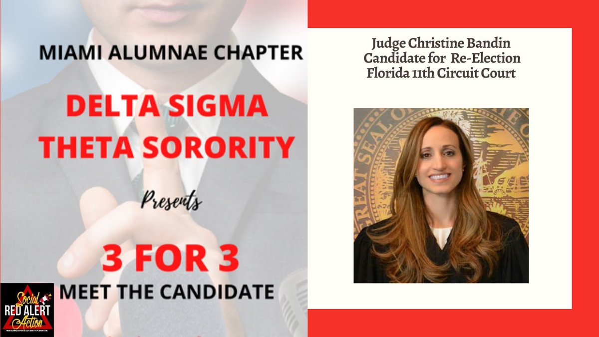 keepjudgebandin's tweet image. Get to know Judge Christine Bandin in Delta Sigma Theta&apos;s 3 for 3 Social Action Series. Thank you to the Miami Alumnae Chapter for inviting Judge Bandin to participate in this series. ow.ly/dLHS50ANwZ8 #KeepJudgeBandin #Election2020 #MiamiDade #MiamiJudges #vote322