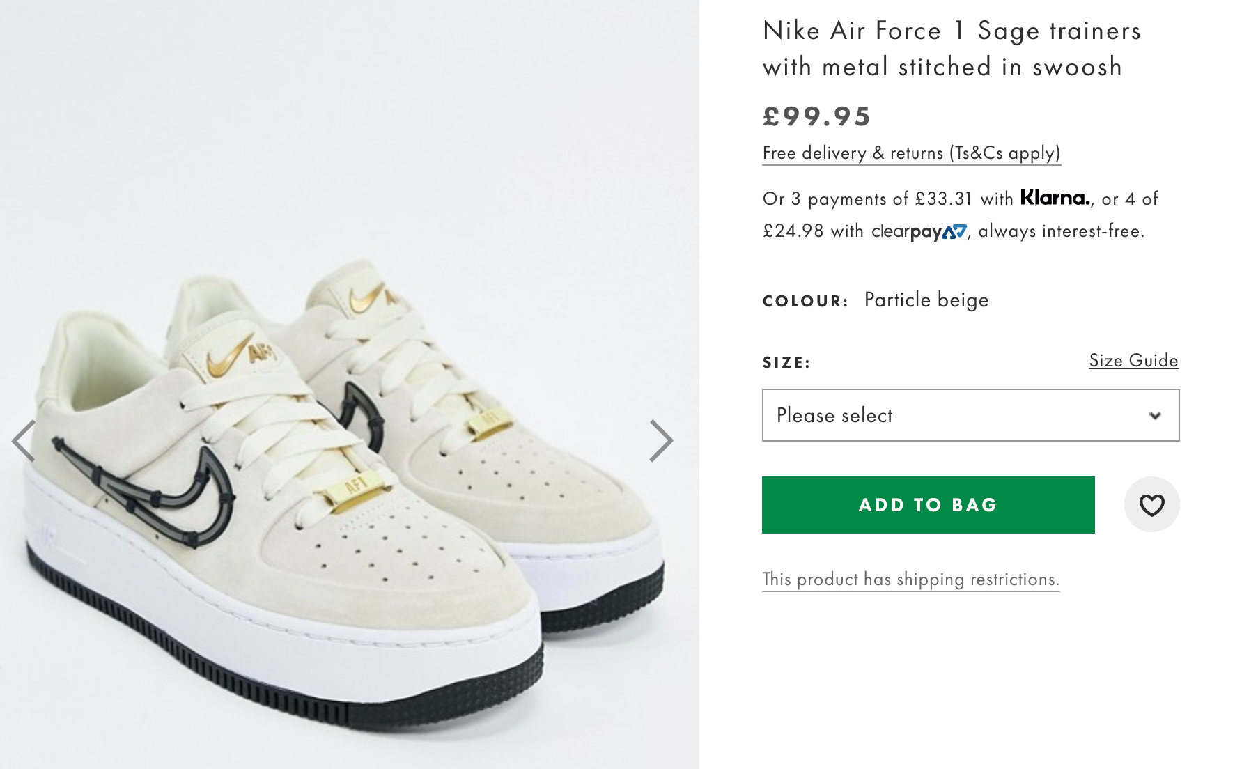 nike air force 1 sage trainers with metal stitched in swoosh