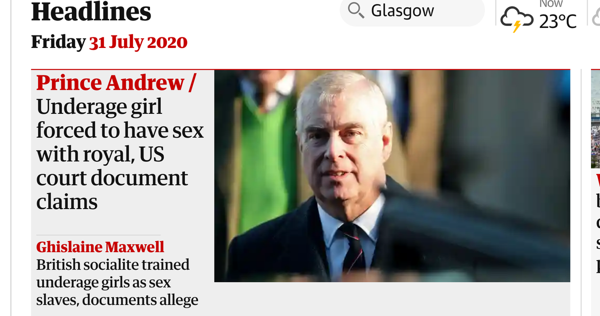 UnRoyalReporter's tweet photo. BBC news 10 days ago - Prince George is 7
BBC news 2 days ago - Prince Anne doesn't like rubbish.
BBC news  - Prince William was on a podcast.

Today: Prince Andrew raped a child &amp; abused his position to lobby for leniency for #Epstein....

BBC news?
BBC news?
BBC news? https://t.co/9xTE1QWcnx